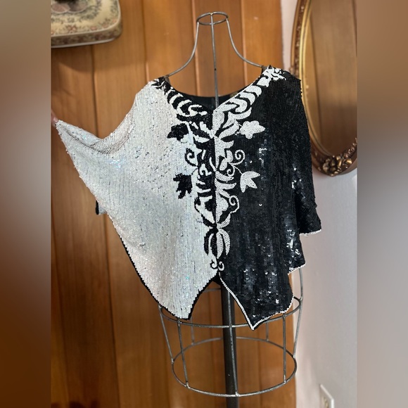 Vintage sequin, 100% silk “poncho” top, medium - Picture 7 of 11